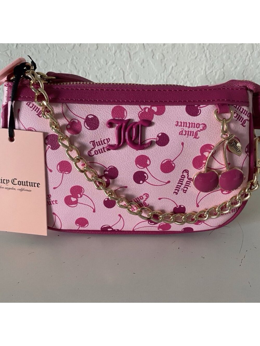 Juicy Couture Cherry On Top Mini Wristlet Bag Light Pink Raspberry Tart W/Charm